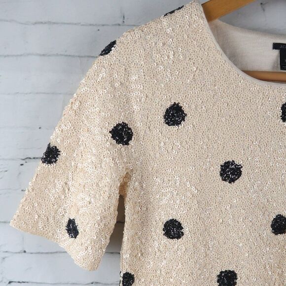 J CREW LIGHT PEACH WITH BLACK POLKA DOTS SHORT SLEEVE SEQUIN TOP SIZE XXS - Picture 9 of 11